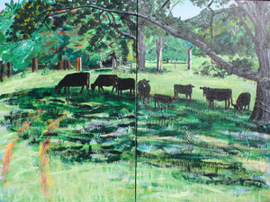 Cows in shade Diptych - 32x42.5in