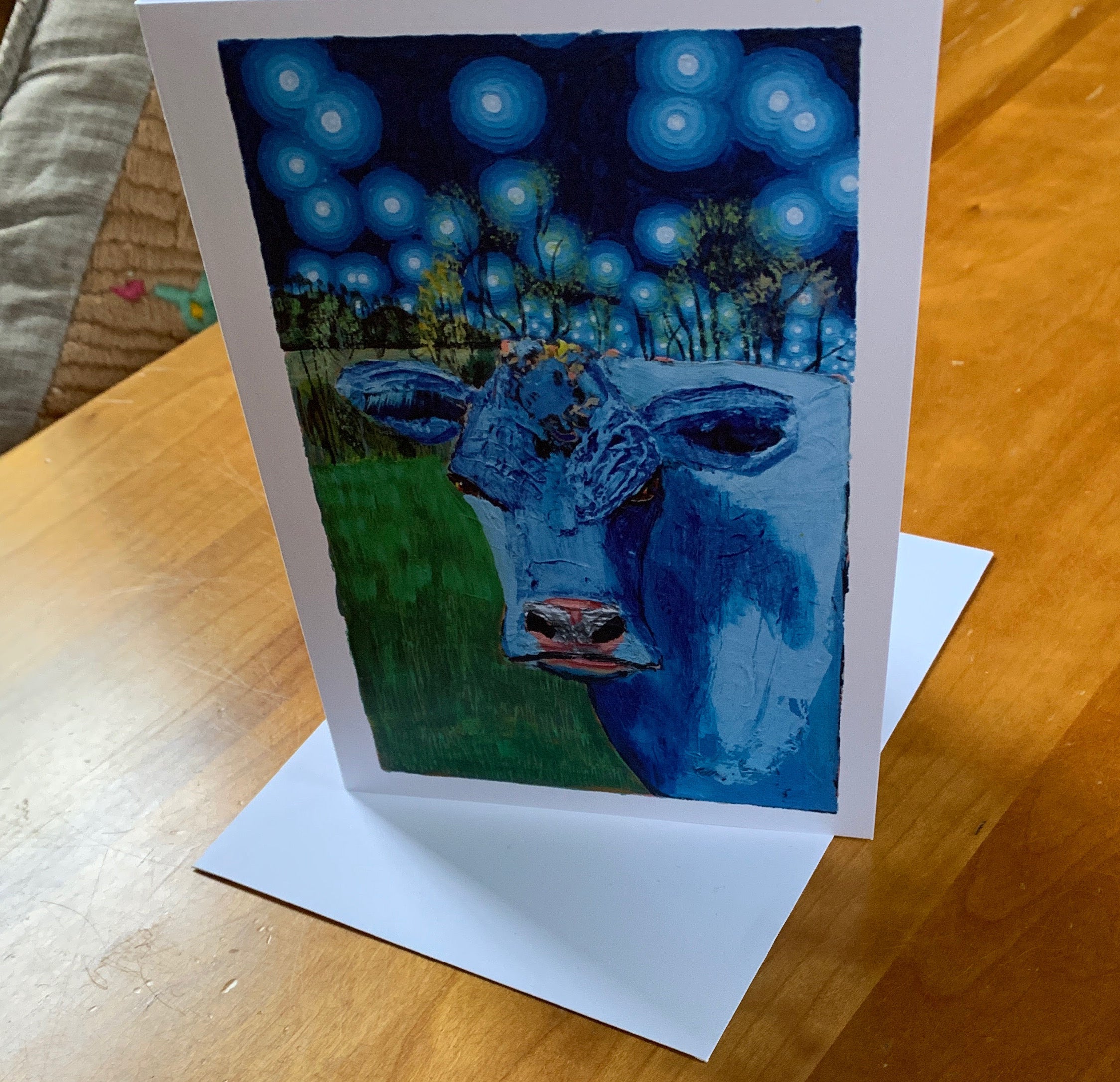 Blue Cow at Night Greeting Card