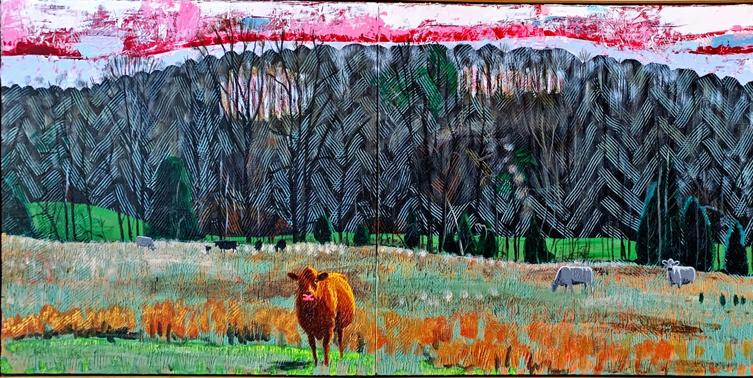 Cows in Hayfield Diptych II - 35x71in