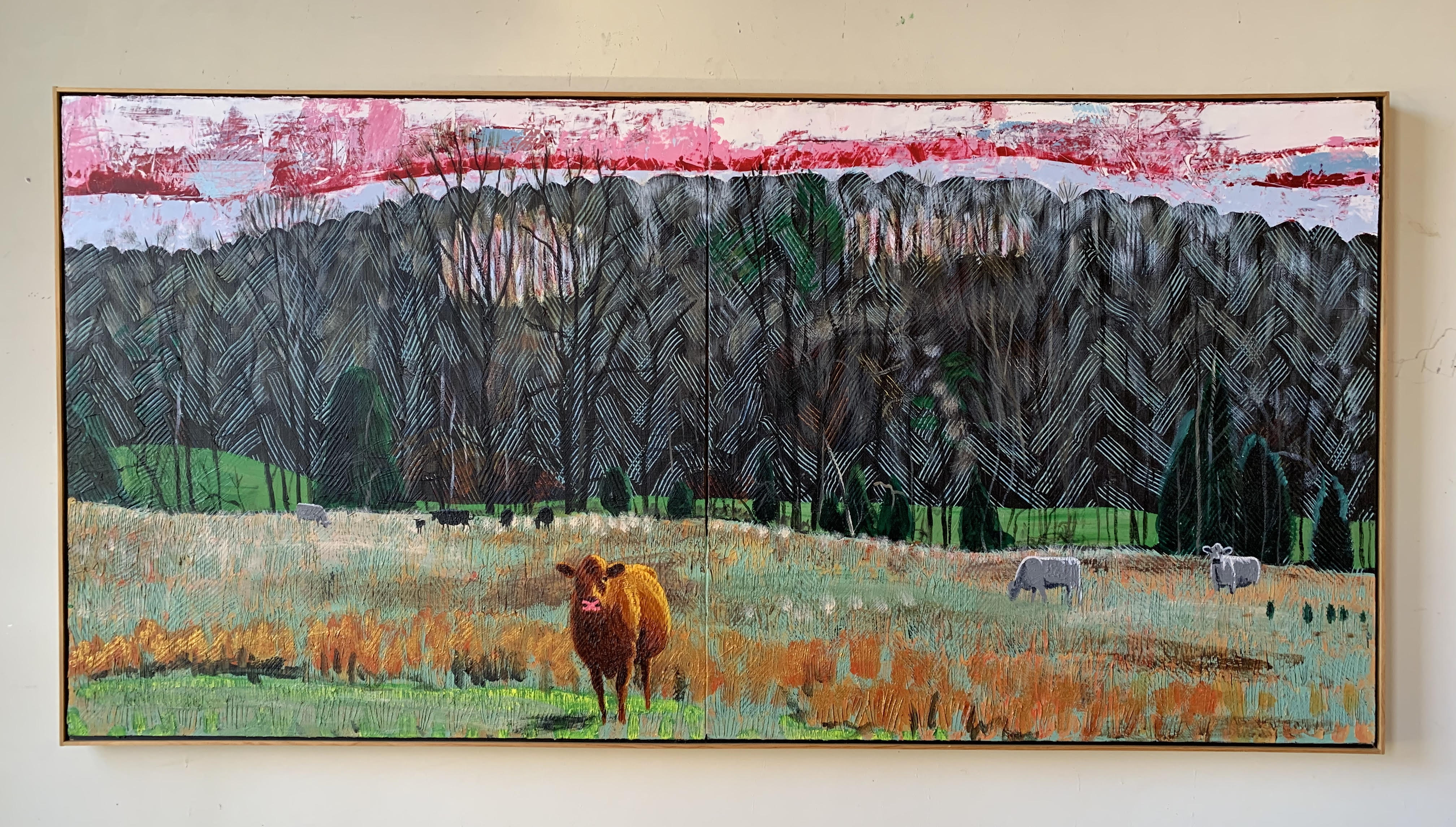 Cows in Hayfield Diptych II - 35x71in